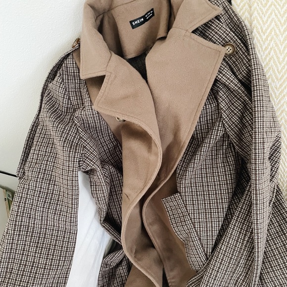🍂 SHEIN | brown plaid oversized button down trench coat - Picture 3 of 11